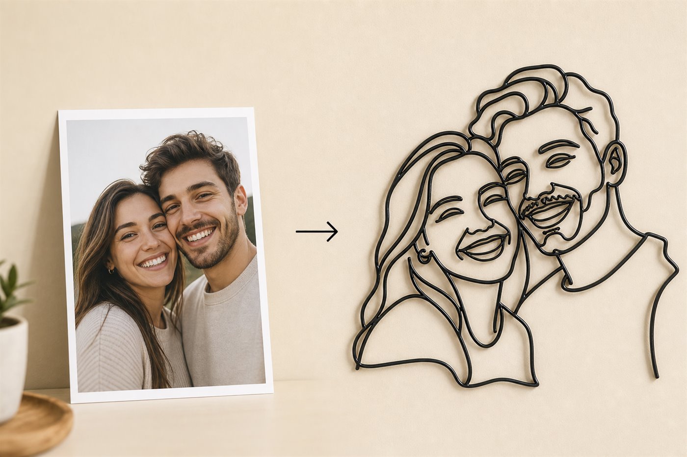 Transformasi dari foto asli menjadi line-art logam di dinding